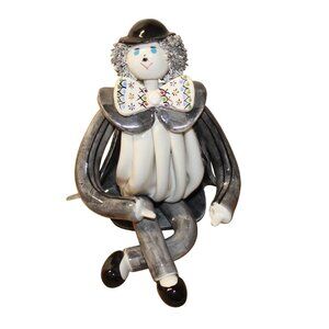 Signed Handblown Italian Black & White Porcelain Clown Detailed Collar Hat & Hai